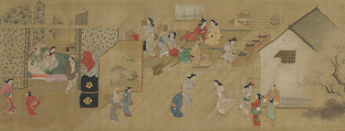 Early Evening at a Yoshiwara Inn, Hishikawa Moronobu 菱川師宣 (Japanese, 1618–1694), Hanging scroll; ink and color on silk, Japan